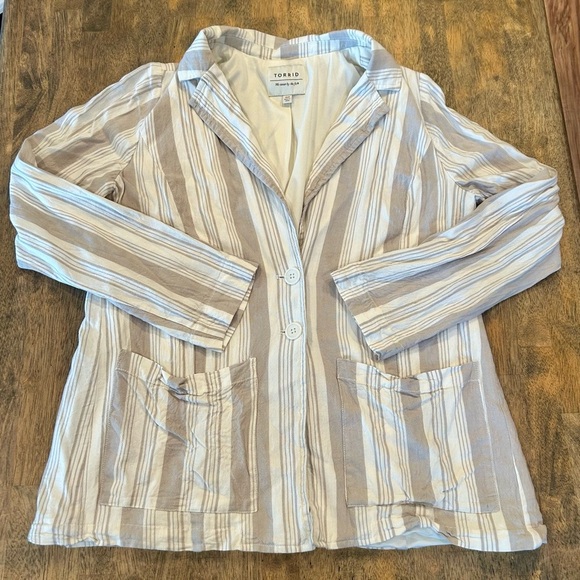 Torrid Striped Linen Blazer Jacket Beige White Size 00 - Picture 1 of 5